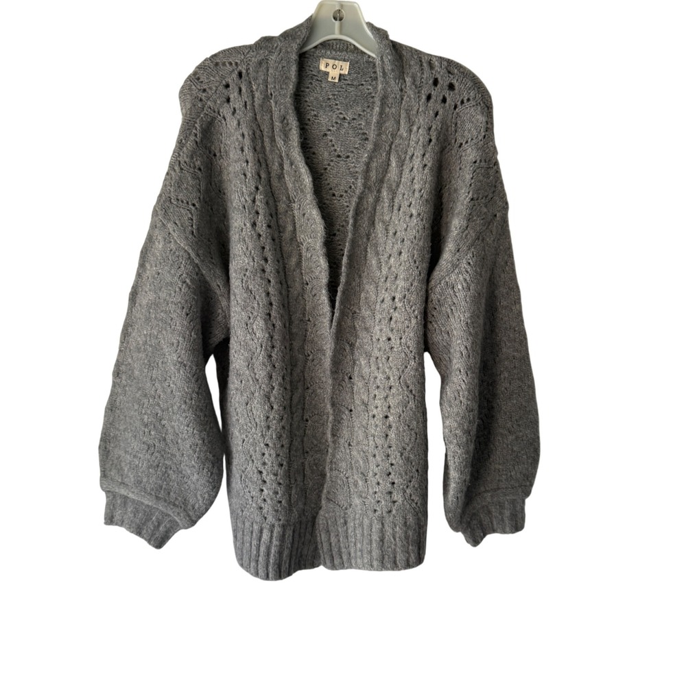 POL Women's Gray Cable Knit Open Front Long Sleeve‎ Cardigan Sweater Size M